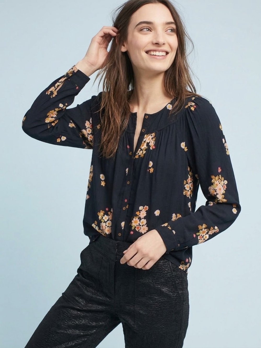 Maeve Anthropologie Floral Yoke Button Down Blouse Top XL Black Boho Cottagecore
